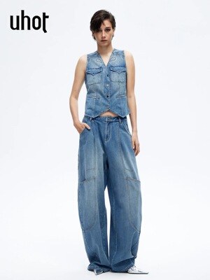 uhot/诱货26春蓝色做旧复古烫钻牛仔裤灯笼廓形工装裤女UWLS2K155