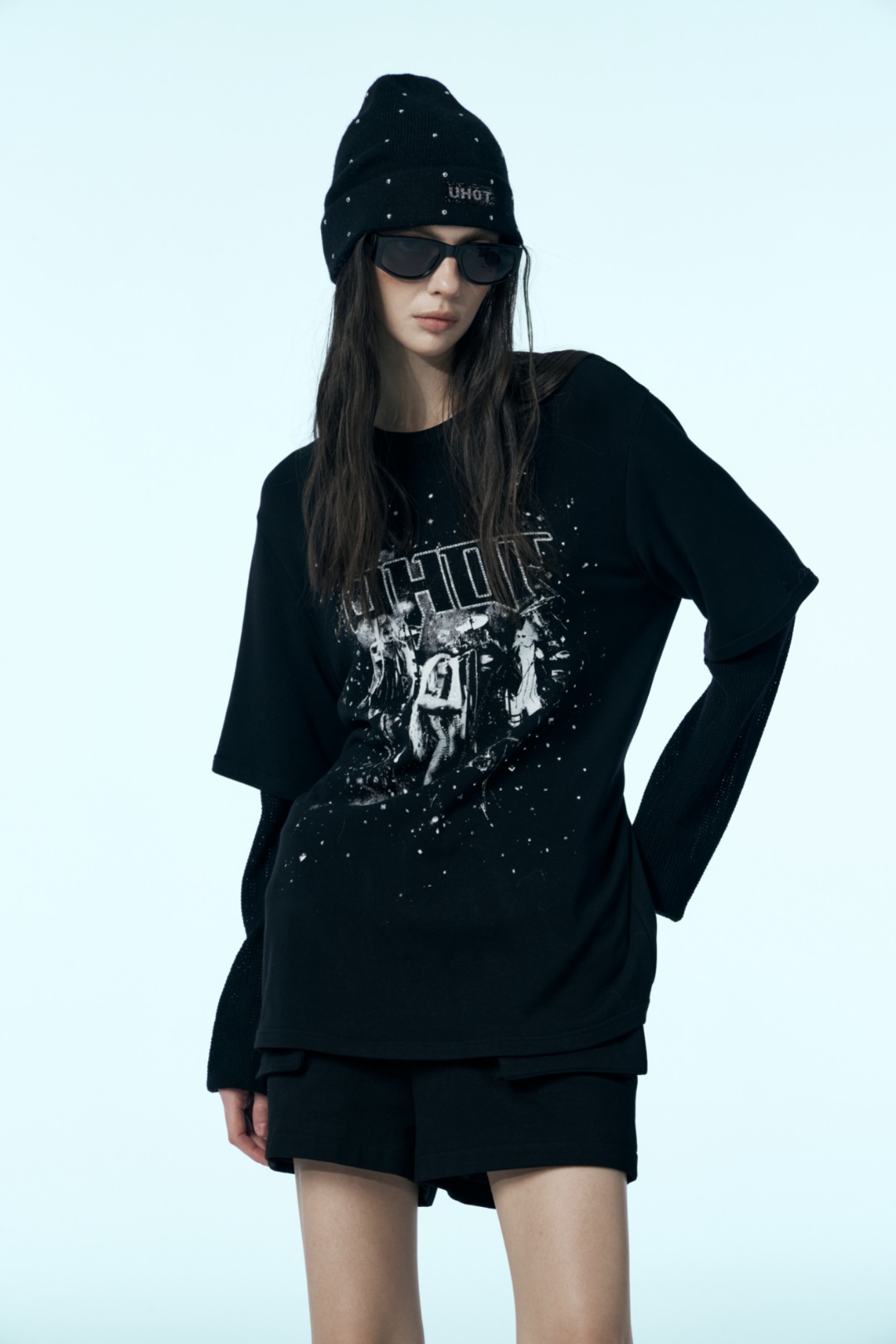 uhot诱货/黑色假两件宽松印花长袖T恤摇滚街头风25新款 UWWW2T376