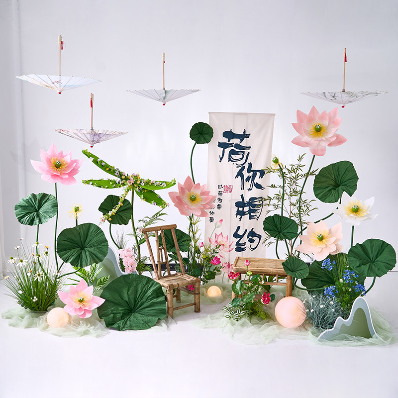 中秋氛围场景布置仿真荷花造景拍照道具活动假荷叶美陈花艺摆件