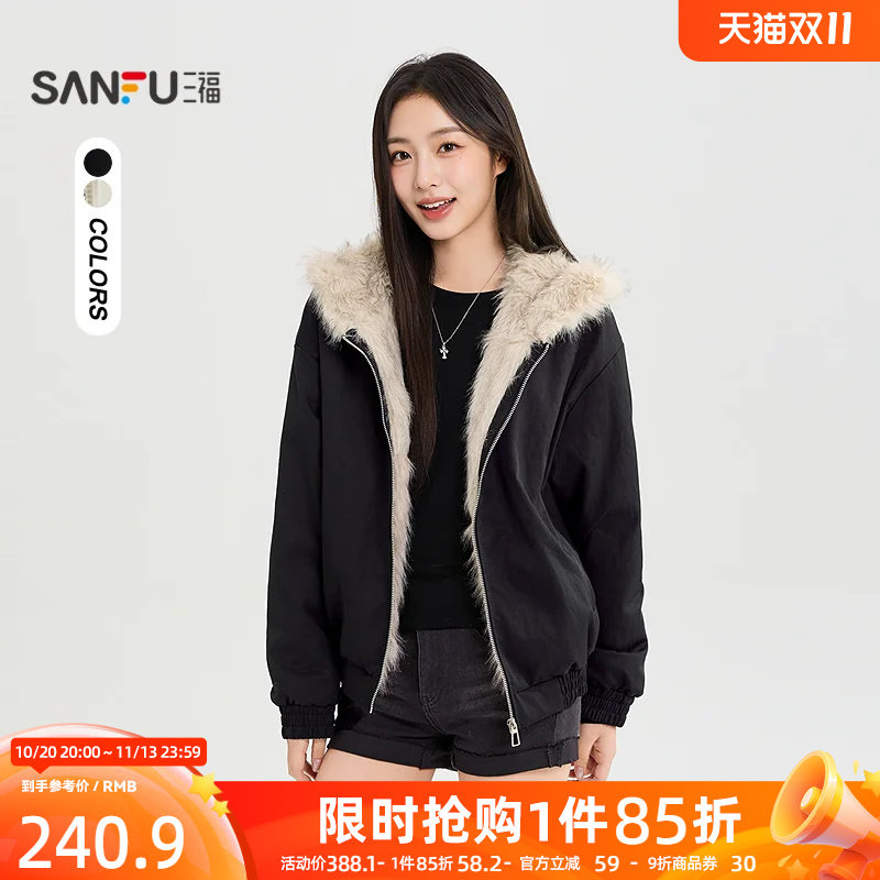 三福女厚外套2026秋季新款加厚连帽立体猫耳帽子长袖松紧上衣女装