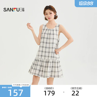 三福连衣裙2026夏季格纹绑带圆领A型娃娃裙裙子女装857921