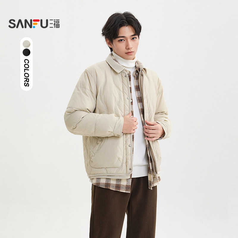 三福2025冬季男士翻领宽松轻薄衬衫式羽绒服时尚保暖外套510029