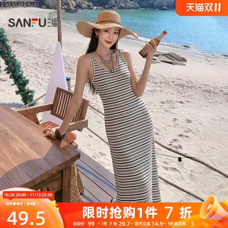 三福连衣裙女2026新款夏季宽肩带背心裙休闲收腰长裙子女装514419