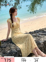 Sanfu Dress 2026 Summer Lace-up decorated V-neck Black Fungus Lace Cinched Waist Long Dress for Women, 527172 thumbnail 4
