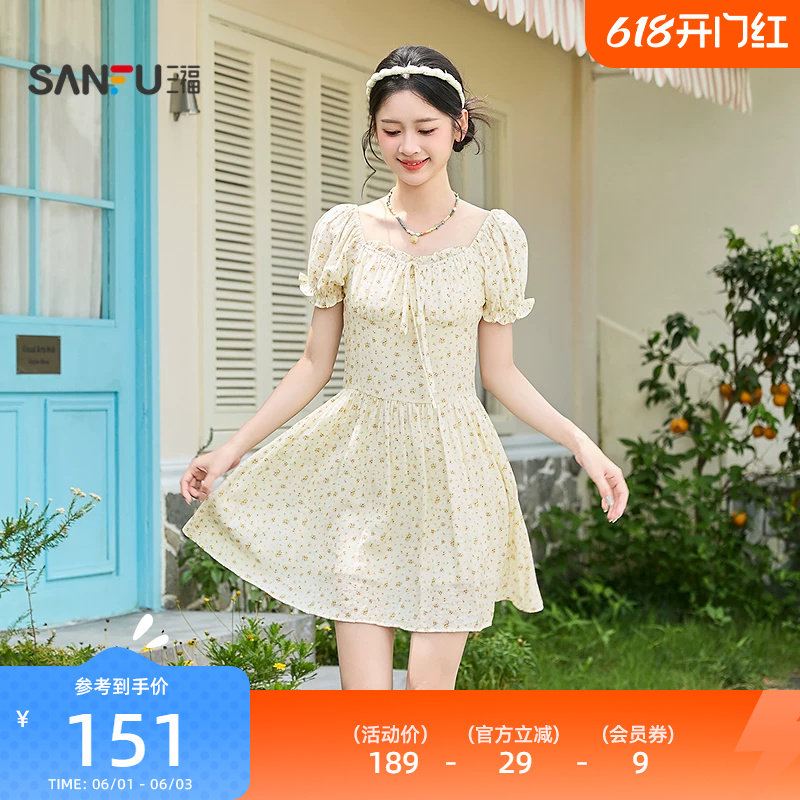 三福泡泡袖连衣裙2026新款夏季甜美绑带收腰碎花短裙子女装522021