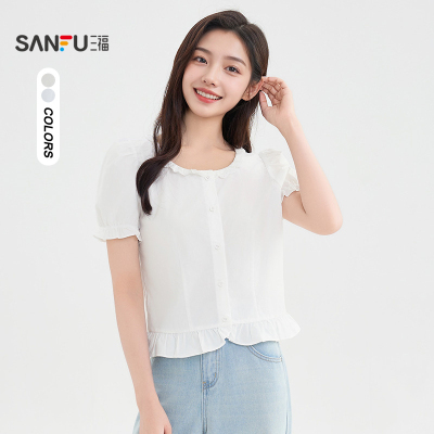 三福短袖衬衫2025新款夏季蕾丝花边圆领泡泡袖法式上衣女装499878