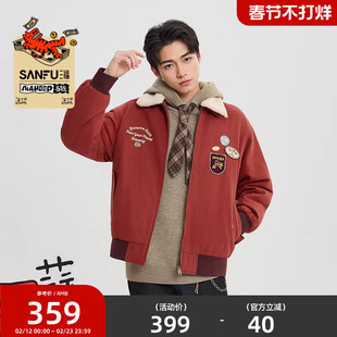 【马唬联名】三福2026春季棉衣男仿羊羔毛章仔棉服工装外套516578