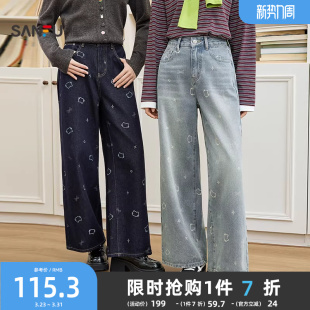 2025新款 子女装 秋季 小猫印花宽松直筒阔腿裤 504793 时尚 三福牛仔裤