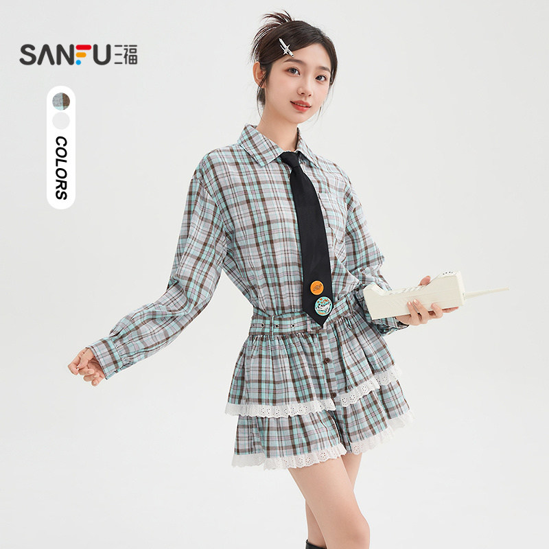 三福连衣裙女2025新款秋季蕾丝裙摆收腰衬衫蓬蓬短裙子女装504744