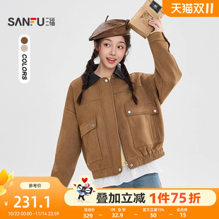 510464 复古拼接皮翻领松紧下摆宽松夹克女装 三福外套2025新款 冬季