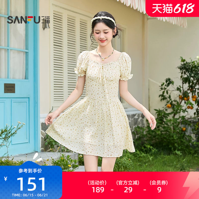三福泡泡袖连衣裙2026新款夏季甜美绑带收腰碎花短裙子女装522021