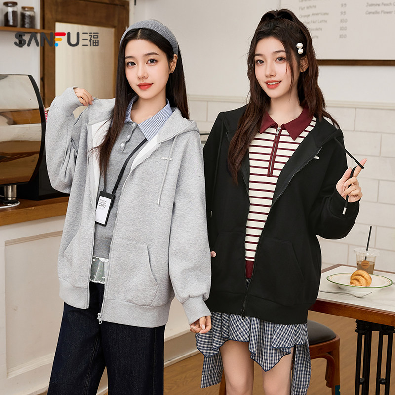 三福卫衣开衫2025新款秋季连帽情侣款外套宽松慵懒风灰色上衣女装