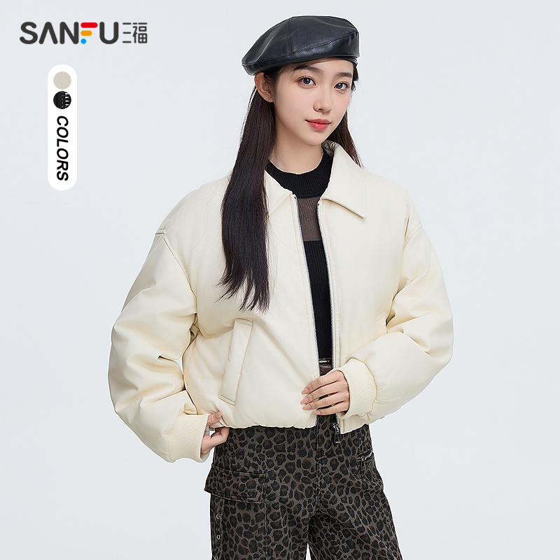 三福皮衣棉服2025冬季翻领面包服时尚保暖短款皮衣外套女装495242