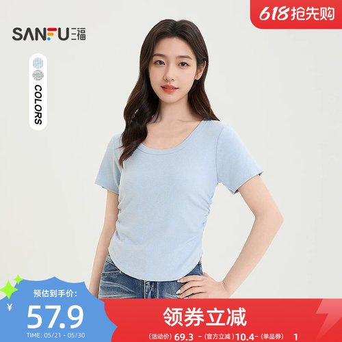 三福短T恤2026夏季都市褶皱收腰圆领合身短款上衣女装524473