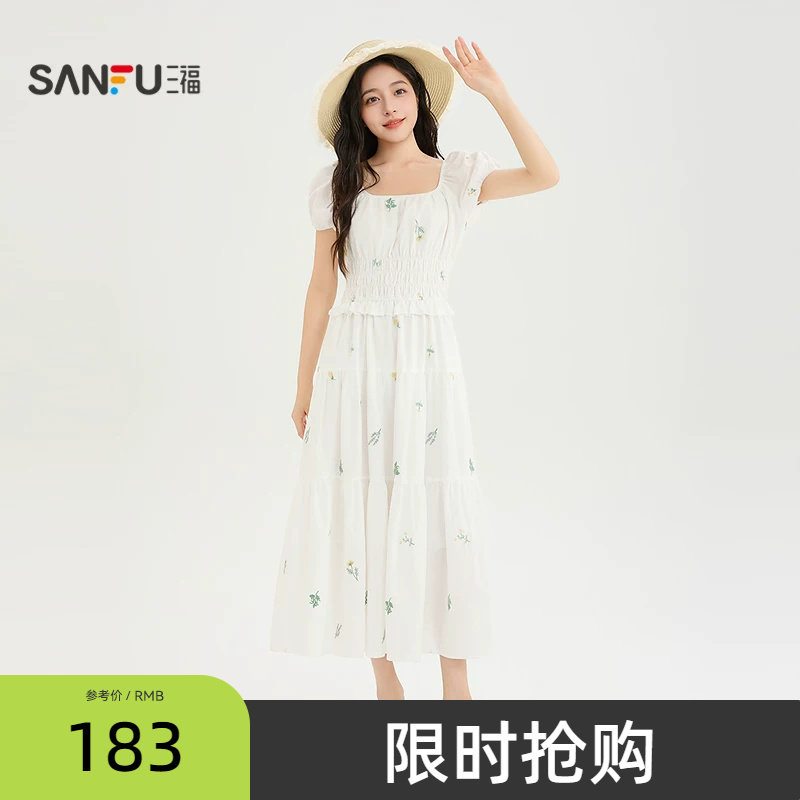 三福女连衣裙2026夏季气质法式碎花特别漂亮掐腰小裙子女装524154