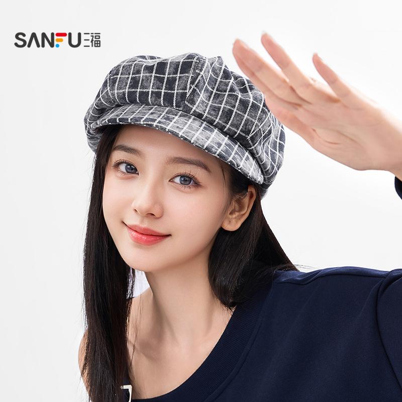 三福淑女风涂层格纹八角帽 复古文艺造型服饰配饰帽子846487