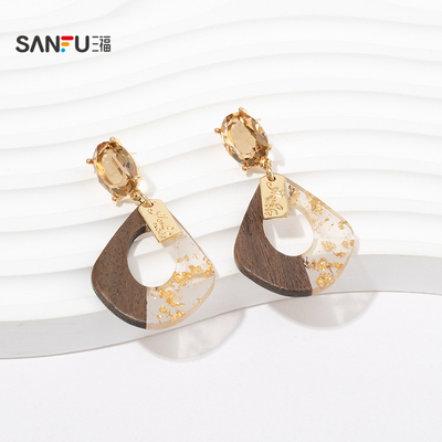 三福复古鎏金木头耳钉一对 经典优雅首饰配饰耳环耳饰848137