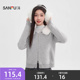 女装 小个子加绒连帽毛领灰色开衫 516422 冬季 三福毛衣外套2025新款