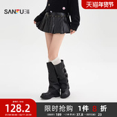 冬季 时尚 铆钉装 三福皮裙短裙2025新款 饰百褶A字半身裙女装 514362