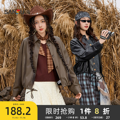 三福皮衣外套2025新款秋季时尚小个子翻领宽松夹克上衣女装507135