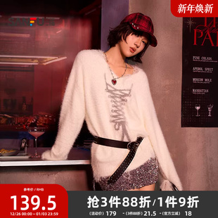 上衣女装 绑带绣花设计破洞宽松个性 513636 冬季 三福毛衣女2025新款