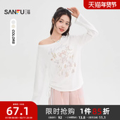 T恤2026新款 春季 少女印花斜肩罩衫 三福长袖 宽松休闲微透上衣女装