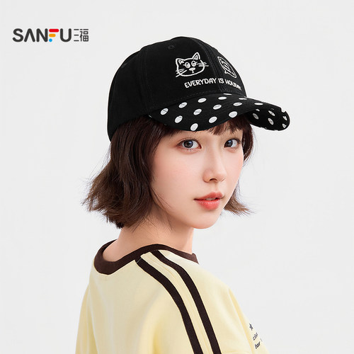 三福波点猫咪棒球帽鸭舌帽 休闲趣味时尚服饰配件帽子853116