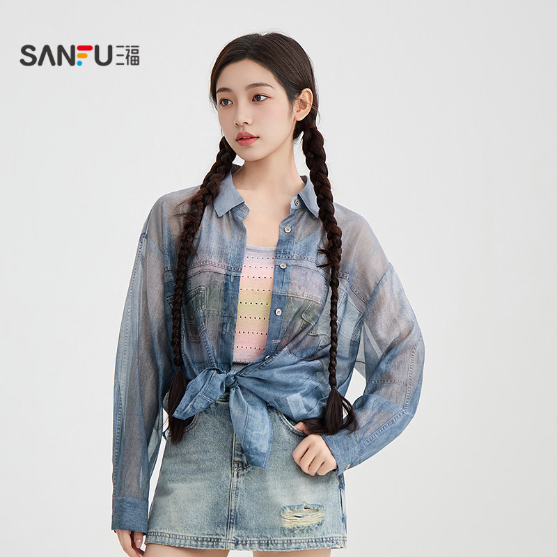 三福长衬衫2026夏季牛仔印花纽扣门襟翻领休闲上衣女装521045