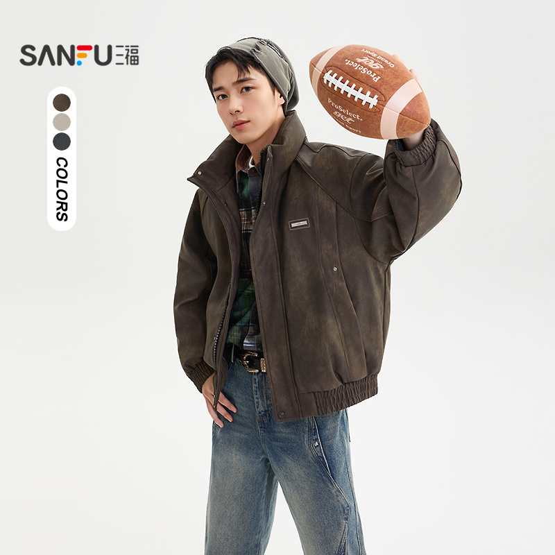 三福2025冬季新款羽绒服男多口袋PU立领宽松加厚保暖外套潮505319