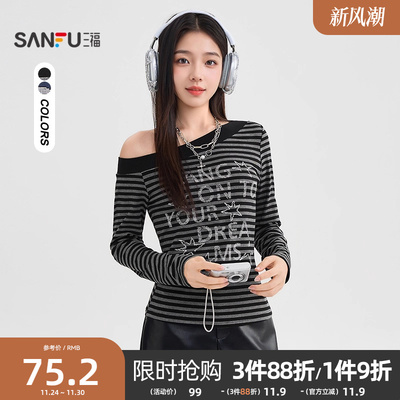 三福斜肩上衣女2025新款秋季复古英文印花条纹长袖t恤女装507456
