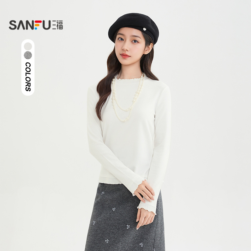三福长T恤2025冬季木耳花边下摆休闲圆领打底上衣女装515866