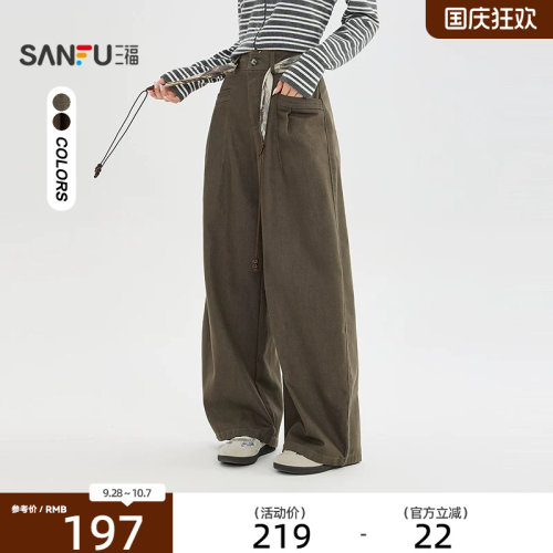 三福休闲裤2026冬季含装饰腰带宽松弯刀裤脚长裤女装532359