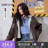 假两件宽松连帽PU皮衣夹克女装 时尚 515342 春季 三福厚外套2026新款