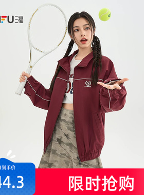 三福红色外套女2026春季高级感插肩袖夹克翻领宽松上衣女装519642