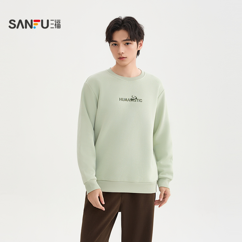 【萌兰联名】三福2025冬季男士熊猫刺绣英文卫衣上衣510195