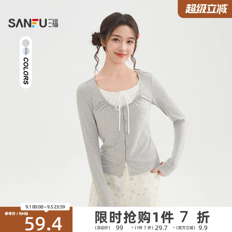 三福长袖T恤女2026新款春季小个子绑带假两件短款上衣女装517366图片