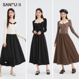 Демисезонное платье, модный приталенный корсет, лонгслив, юбка, французский стиль, квадратный вырез