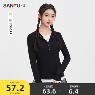 上衣女装 三福长袖 按扣翻领撞色假两件时尚 T恤2025新款 497534 秋季