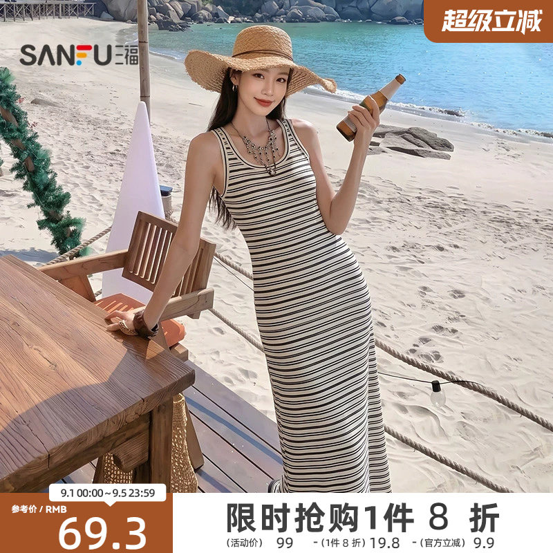 三福连衣裙2026新款夏季宽肩带背心裙休闲收腰无袖裙子女装514419图片