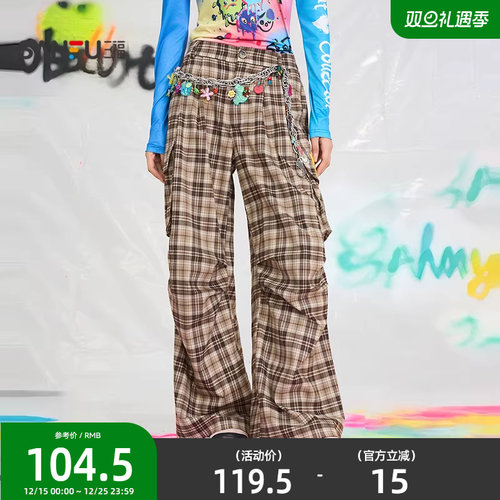 三福休闲裤2025新款秋季宽松格子工装裤时尚复古长裤子女装508137