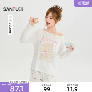 三福长T恤2026秋季小熊蝴蝶结斜肩彩扣宽松罩衫女装529416