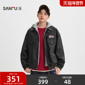 英文点缀连帽夹克皮衣趣味美式 三福2026春季 新款 PU皮外套男516581