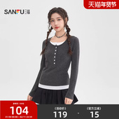 T恤2026新款 春季 半开扣假两件圆领针织衫 三福长袖 上衣女装 517496