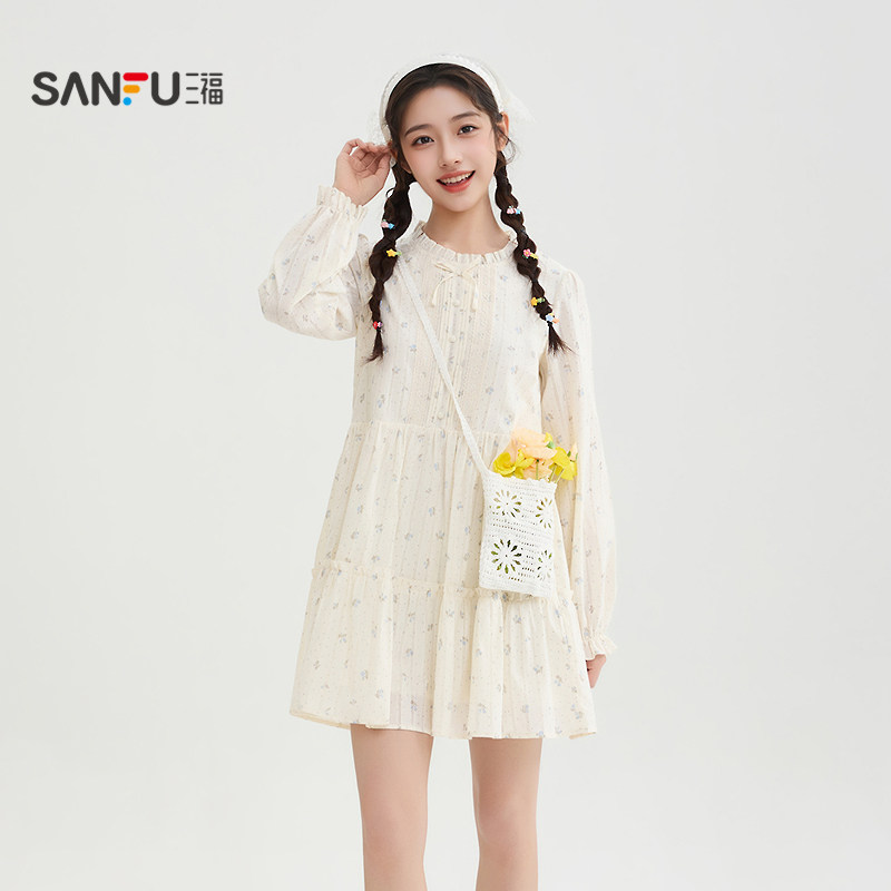 三福连衣裙女2026新款春季碎花长袖花边圆领宽松短裙子女装519096