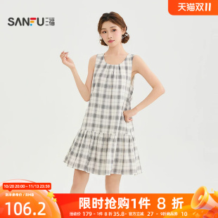 三福连衣裙2026夏季格纹绑带圆领A型娃娃裙裙子女装857921