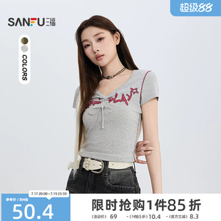 三福短T恤2026夏季绑带V领美式英文印花紧身上衣女装525812