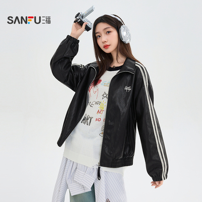 三福黑色皮衣外套2025新款冬季杠条蝴蝶结刺绣PU皮夹克女装848937