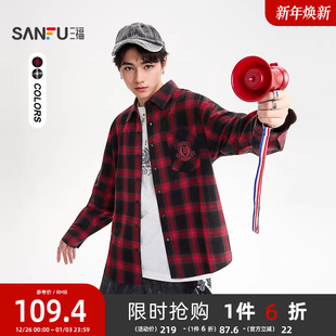 哥特字母格子街潮翻领宽松衬衣505299 男长袖 三福2025秋冬新款 衬衫