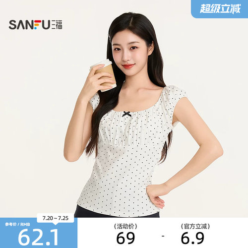 三福女夏季复古波点蝴蝶结短袖上衣 时尚修身甜美单衣527885