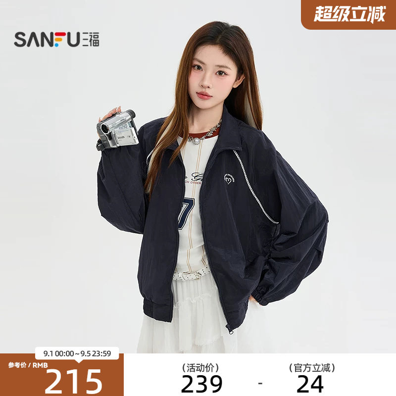 三福单外套2026秋季杠条花边刺绣插肩袖翻领风衣女装862241